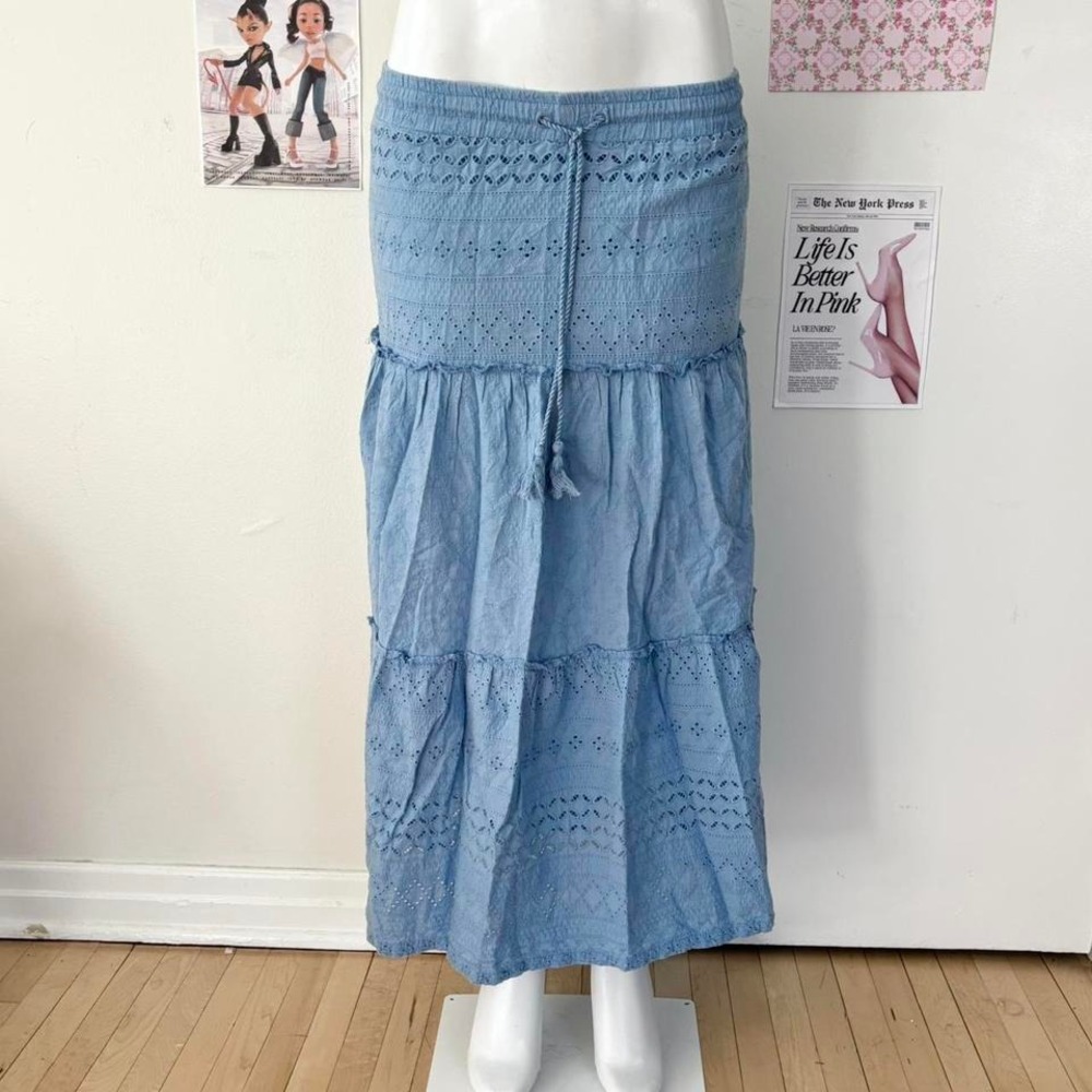 Y2K MEXX Blue Eyelet Tiered Maxi Skirt (Sz M)